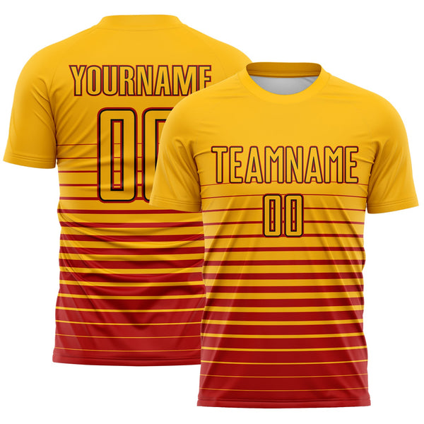 Custom Gold Red-Black Gradient Pinstripe Sublimation Soccer Uniform Jersey