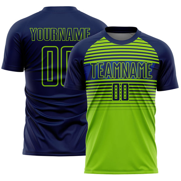 Custom Navy Neon Green-Royal Gradient Horizontal Stripes Sublimation Soccer Uniform Jersey