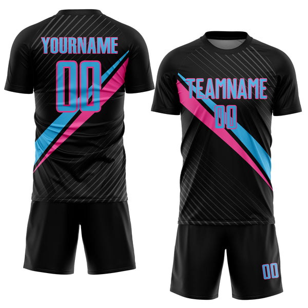 Custom Black Sky Blue-Pink Diagonal Stripes Sports Sublimation Soccer Uniform Jersey alternate