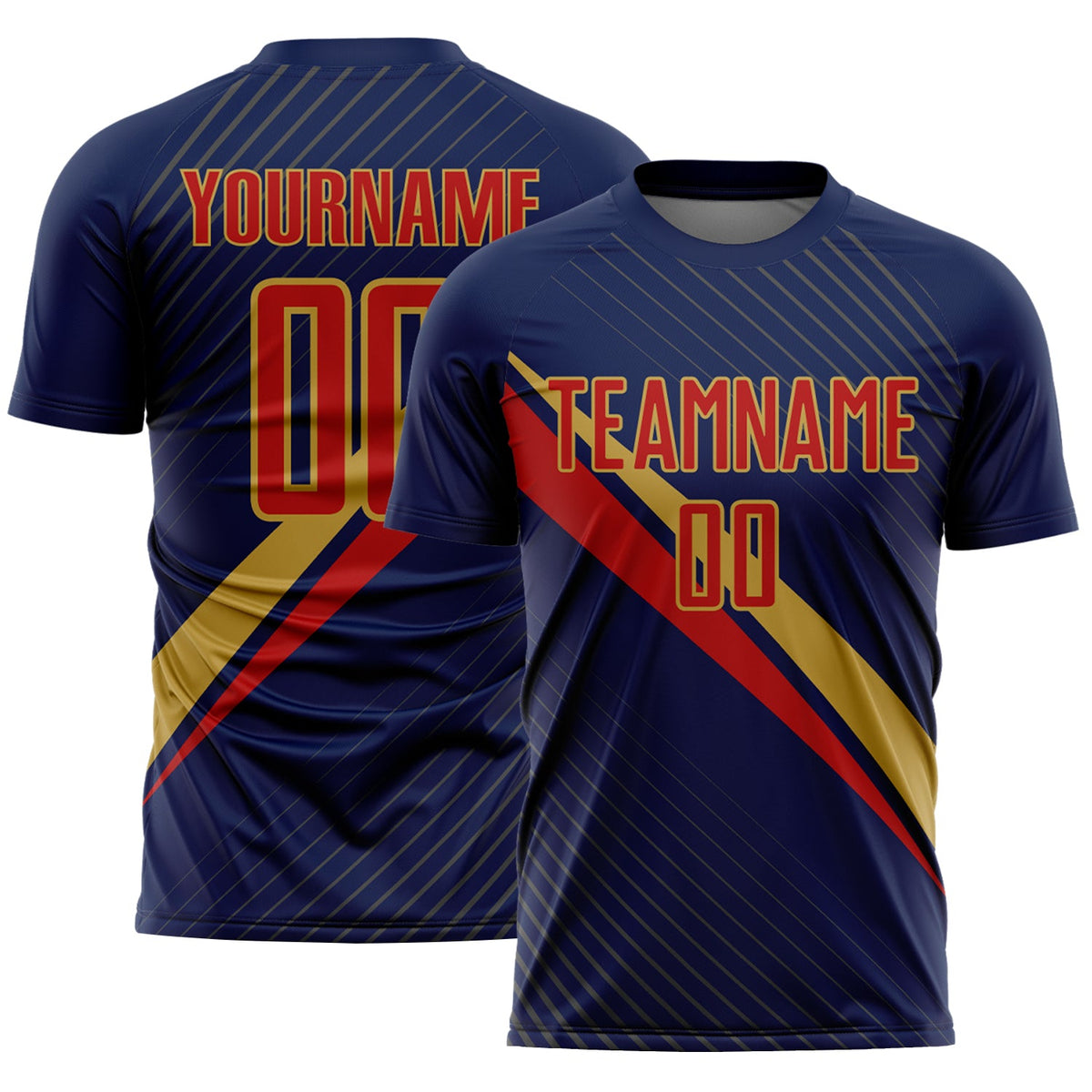 Custom Navy Red-Old Gold Diagonal Stripes Sports Sublimation Soccer Uniform Jersey