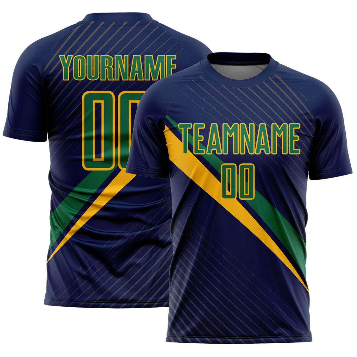 Custom Navy Kelly Green-Gold Diagonal Stripes Sports Sublimation Soccer Uniform Jersey