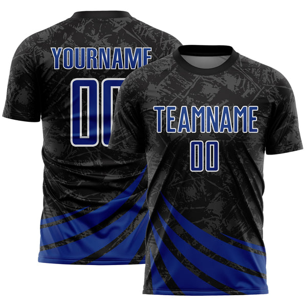 Custom Black Royal-White Distressed Diagonal Stripes Wind Shapes Sports Sublimation Soccer Uniform Jersey