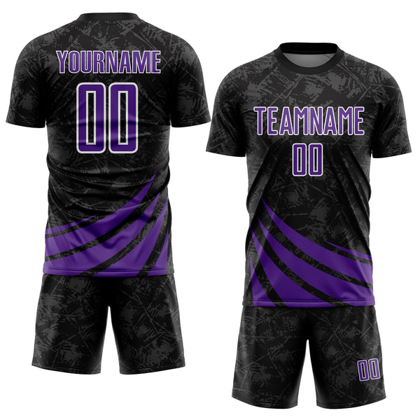 Custom Black Purple-White Distressed Diagonal Stripes Wind Shapes Sports Sublimation Soccer Uniform Jersey alternate
