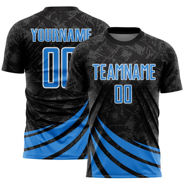 Custom Black Powder Blue-White Distressed Diagonal Stripes Wind Shapes Sports Sublimation Soccer Uniform Jersey