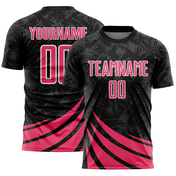 Custom Black Neon Pink-White Distressed Diagonal Stripes Wind Shapes Sports Sublimation Soccer Uniform Jersey