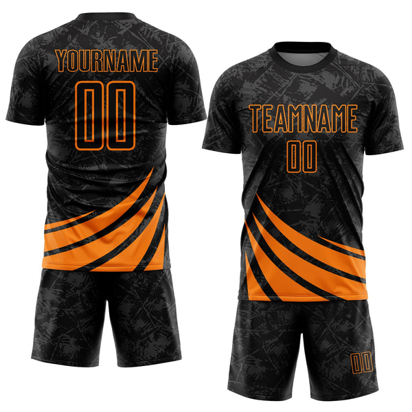 Custom Black Bay Orange Distressed Diagonal Stripes Wind Shapes Sports Sublimation Soccer Uniform Jersey alternate