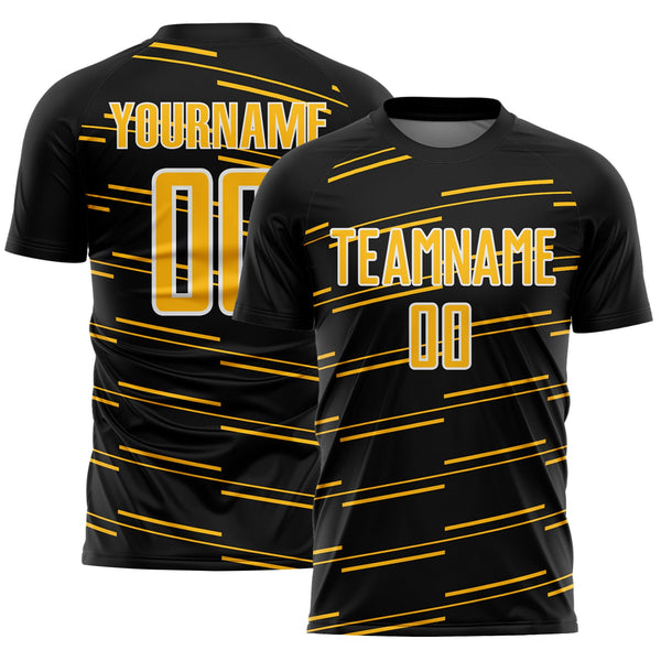 Custom Black Gold-White Diagonal Pinstripes Lines Sports Sublimation Soccer Uniform Jersey