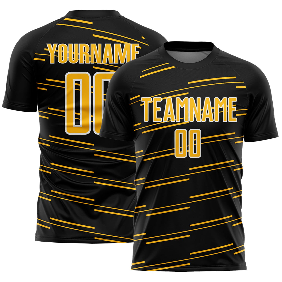 Custom Black Gold-White Diagonal Pinstripes Lines Sports Sublimation Soccer Uniform Jersey
