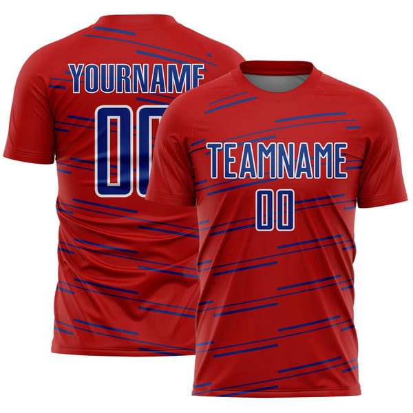 Custom Red Royal-White Diagonal Pinstripes Lines Sports Sublimation Soccer Uniform Jersey