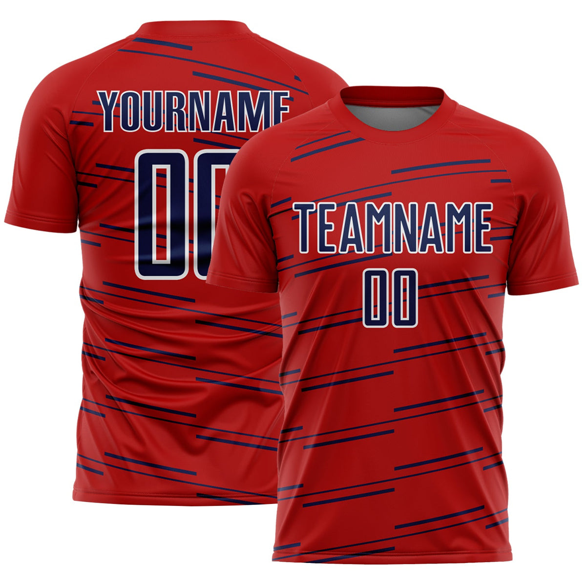 Custom Red Navy-White Diagonal Pinstripes Lines Sports Sublimation Soccer Uniform Jersey