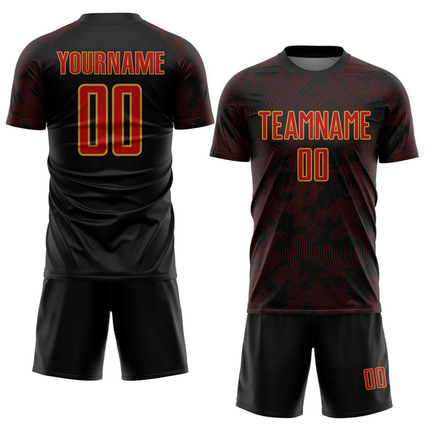 Custom Black Red-Old Gold Curve Lines Sublimation Soccer Uniform Jersey alternate