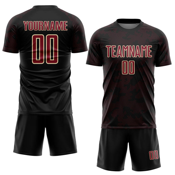 Custom Black Crimson-Cream Curve Lines Sublimation Soccer Uniform Jersey alternate