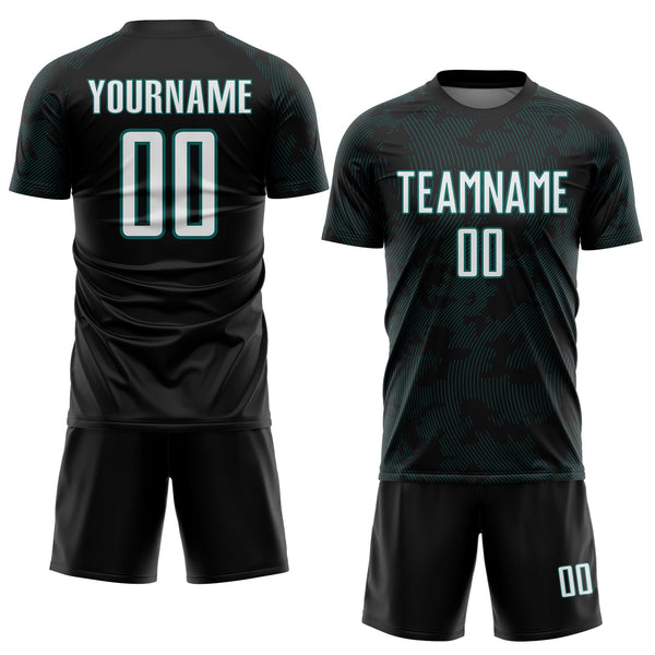 Custom Black White-Teal Curve Lines Sublimation Soccer Uniform Jersey alternate