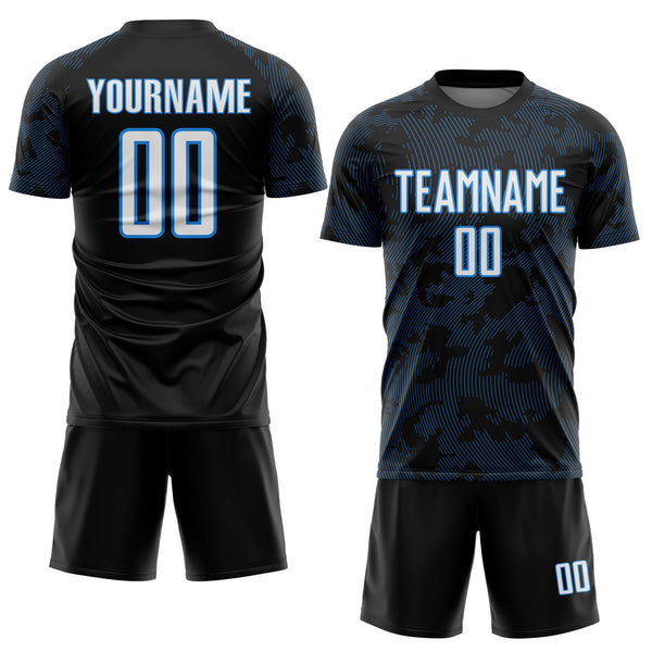 Custom Black White-Powder Blue Curve Lines Sublimation Soccer Uniform Jersey alternate