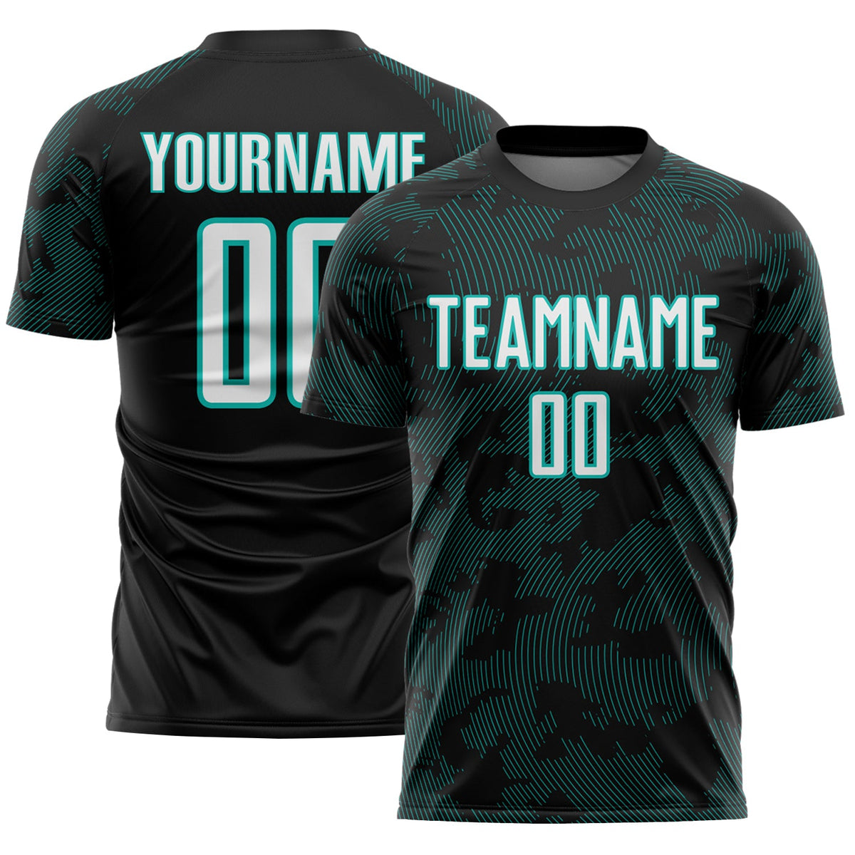 Custom Black White-Aqua Curve Lines Sublimation Soccer Uniform Jersey