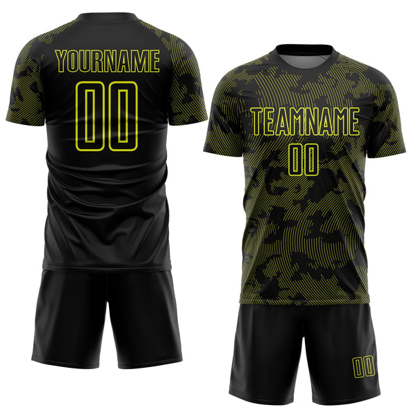 Custom Black-Neon Yellow Curve Lines Sublimation Soccer Uniform Jersey alternate