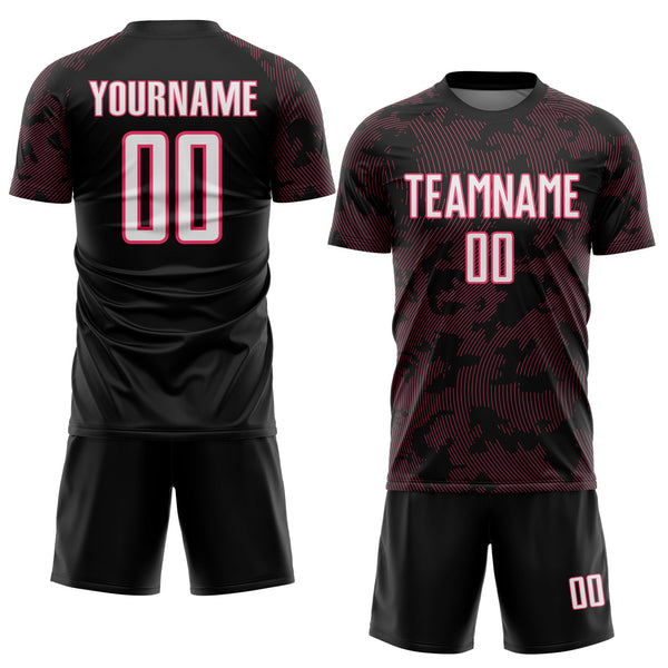 Custom Black White-Neon Pink Curve Lines Sublimation Soccer Uniform Jersey alternate