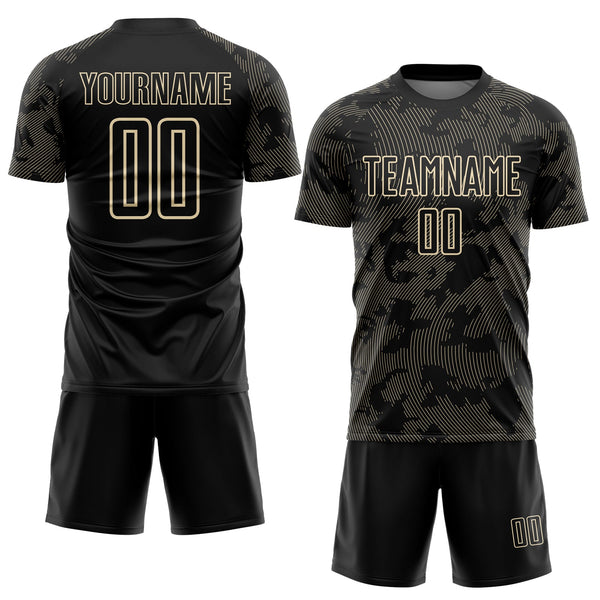 Custom Black-Cream Curve Lines Sublimation Soccer Uniform Jersey alternate