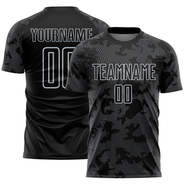 Custom Black-Silver Curve Lines Sublimation Soccer Uniform Jersey