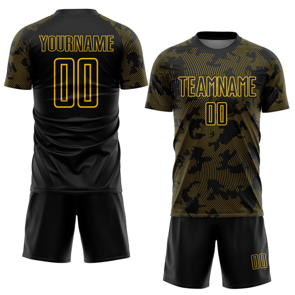 Custom Black-Yellow Curve Lines Sublimation Soccer Uniform Jersey alternate