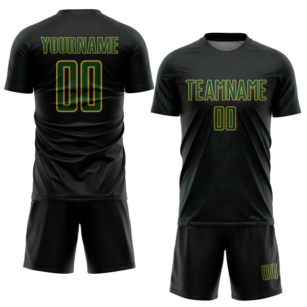 Custom Black Green-Old Gold Curve Lines Sublimation Soccer Uniform Jersey alternate
