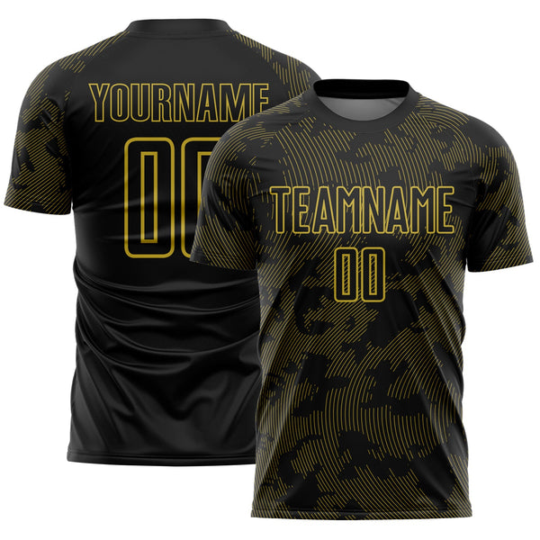 Custom Black-Old Gold Curve Lines Sublimation Soccer Uniform Jersey