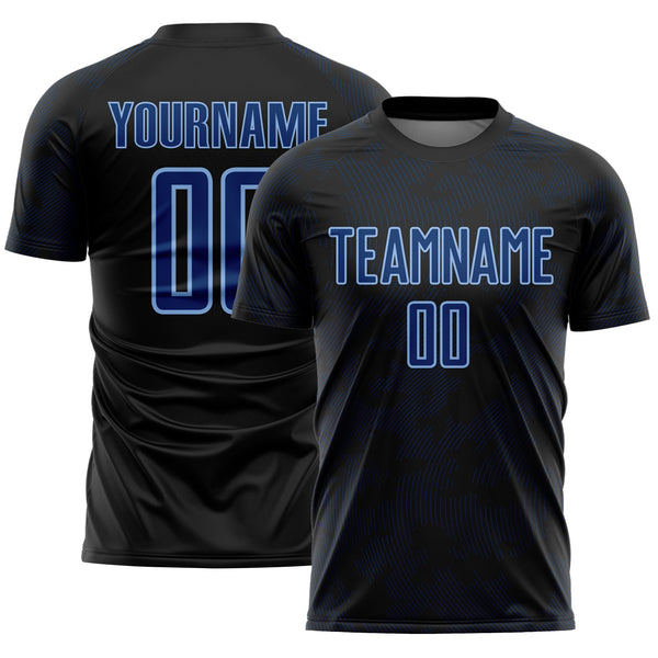 Custom Black US Navy Blue-Light Blue Curve Lines Sublimation Soccer Uniform Jersey
