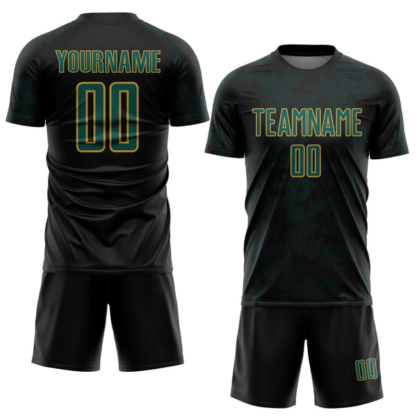 Custom Black Midnight Green-Old Gold Curve Lines Sublimation Soccer Uniform Jersey alternate