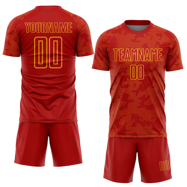 Custom Red-Gold Curve Lines Sublimation Soccer Uniform Jersey alternate