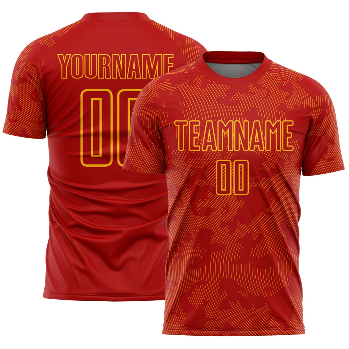 Custom Red-Gold Curve Lines Sublimation Soccer Uniform Jersey