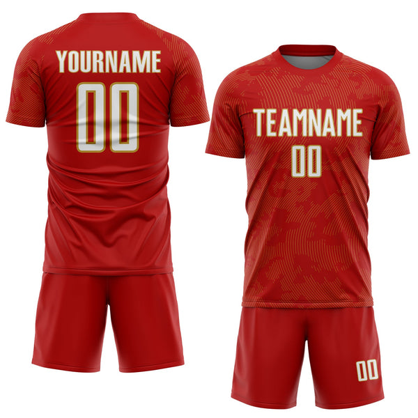 Custom Red White-Old Gold Curve Lines Sublimation Soccer Uniform Jersey alternate