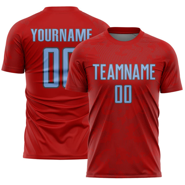 Custom Red Light Blue-Steel Gray Curve Lines Sublimation Soccer Uniform Jersey