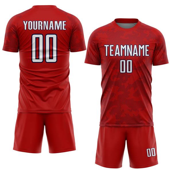Custom Red White-Navy Curve Lines Sublimation Soccer Uniform Jersey alternate
