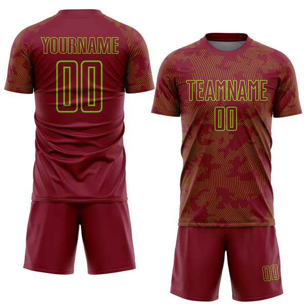 Custom Crimson-Neon Green Curve Lines Sublimation Soccer Uniform Jersey alternate
