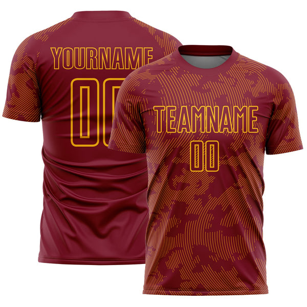 Custom Crimson-Gold Curve Lines Sublimation Soccer Uniform Jersey