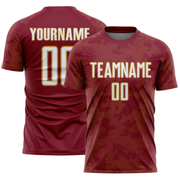Custom Crimson White-Old Gold Curve Lines Sublimation Soccer Uniform Jersey