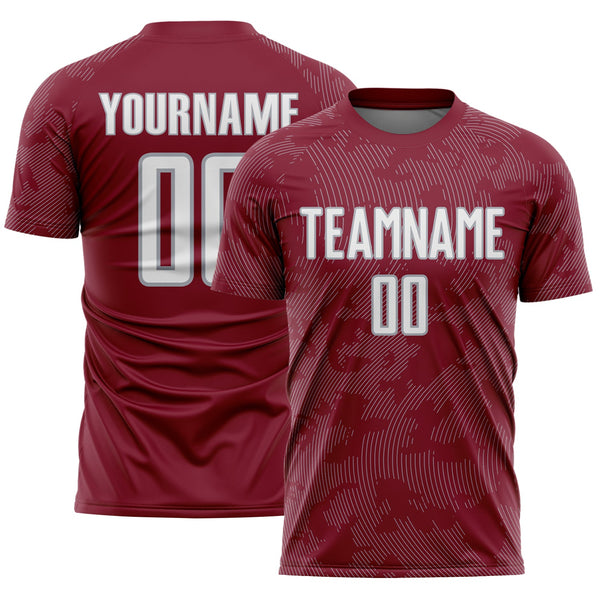 Custom Crimson White-Gray Curve Lines Sublimation Soccer Uniform Jersey