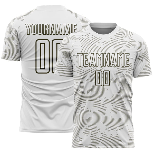 Custom White-Olive Curve Lines Sublimation Soccer Uniform Jersey