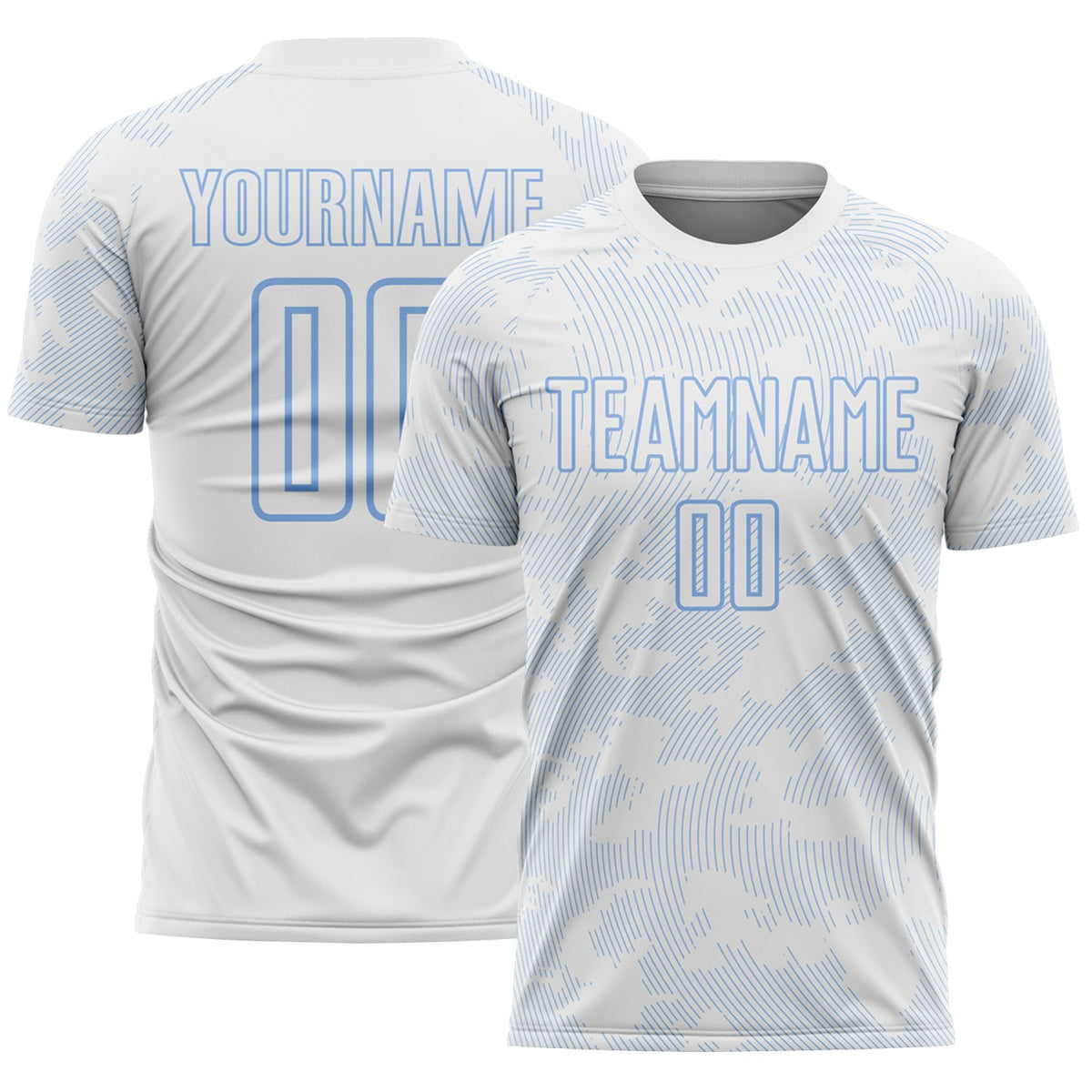 Custom White-Light Blue Curve Lines Sublimation Soccer Uniform Jersey