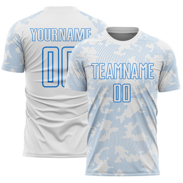 Custom White-Powder Blue Curve Lines Sublimation Soccer Uniform Jersey