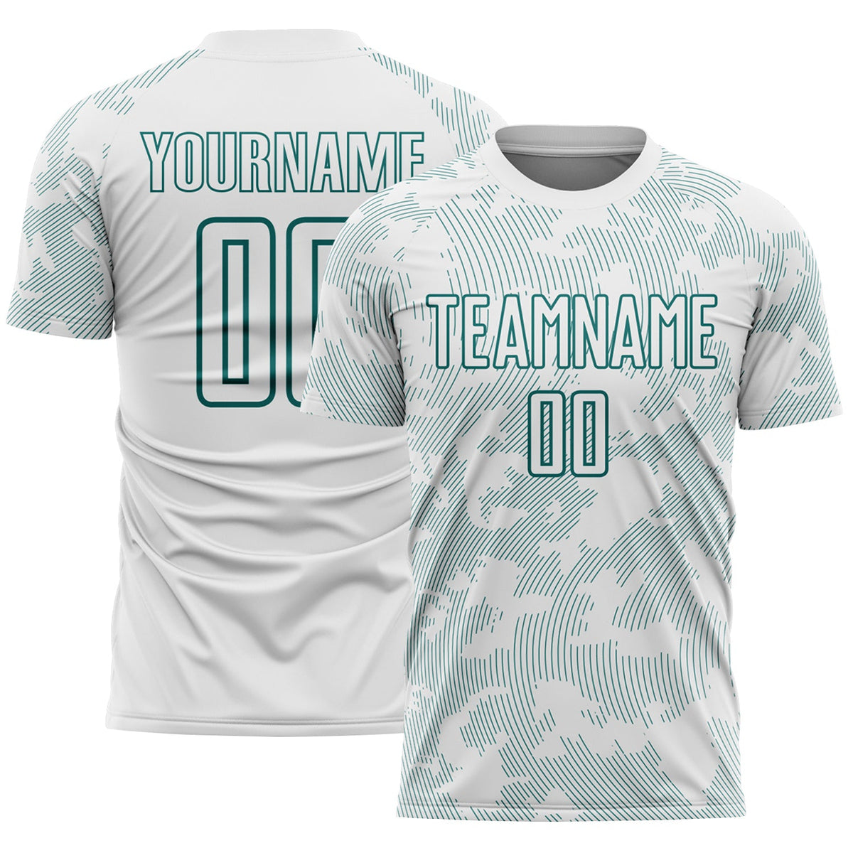 Custom White-Teal Curve Lines Sublimation Soccer Uniform Jersey