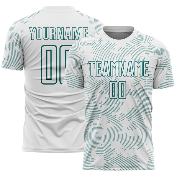 Custom White-Teal Curve Lines Sublimation Soccer Uniform Jersey