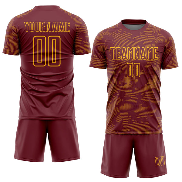 Custom Burgundy-Gold Curve Lines Sublimation Soccer Uniform Jersey alternate