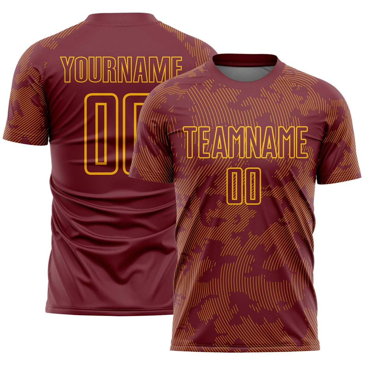 Custom Burgundy-Gold Curve Lines Sublimation Soccer Uniform Jersey