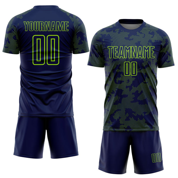 Custom Navy-Neon Green Curve Lines Sublimation Soccer Uniform Jersey alternate