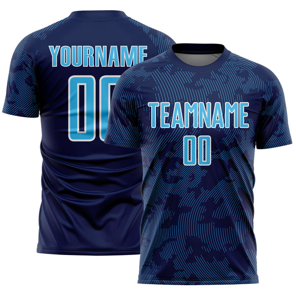Custom Navy Sky Blue-White Curve Lines Sublimation Soccer Uniform Jersey
