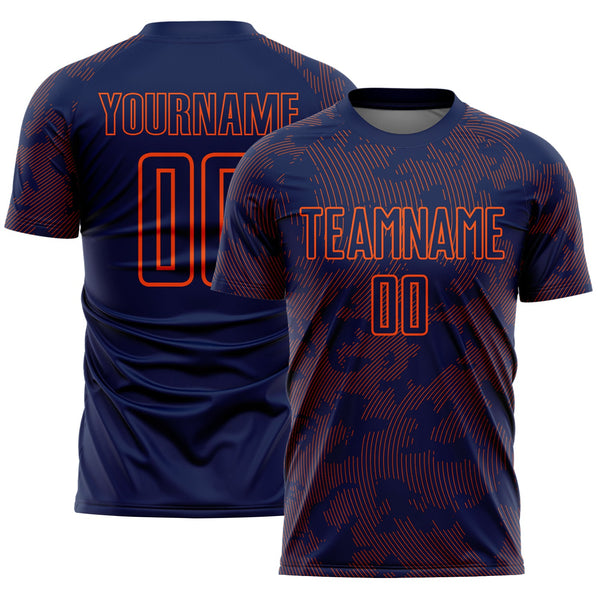 Custom Navy-Orange Curve Lines Sublimation Soccer Uniform Jersey