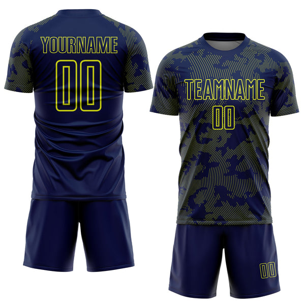 Custom Navy-Neon Yellow Curve Lines Sublimation Soccer Uniform Jersey alternate