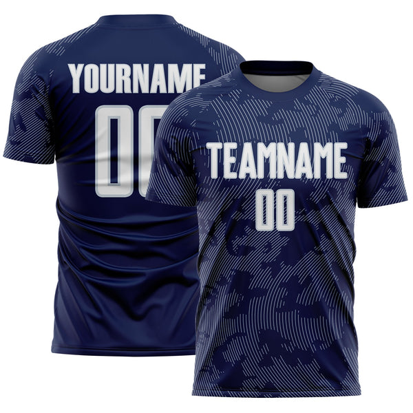 Custom Navy White-Silver Curve Lines Sublimation Soccer Uniform Jersey