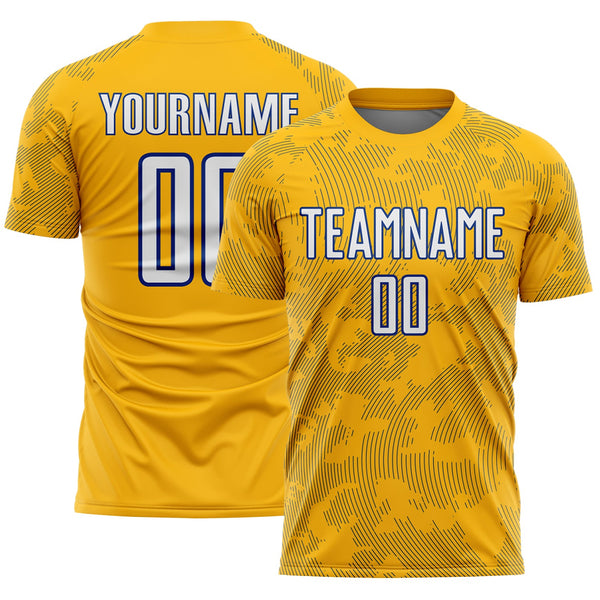 Custom Gold White-Royal Curve Lines Sublimation Soccer Uniform Jersey